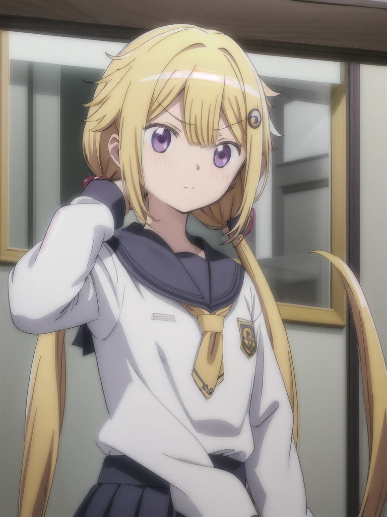 best quality, masterpiece, highres, solo, {mitsuki_felicia_puellamagimadokamagicasidestorymagiarecord:1.15}, blonde_hair, purple_eyes, long_hair, twintails, blush, bangs, horns, closed_mouth, hair_bobbles, hair_ornament, sailor_collar, school_uniform, serafuku, shirt, white_shirt, 1girl, blue_sailor_collar, dot_nose, frown, low_twintails, hair_between_eyes, looking_at_viewer, upper_body, indoors, sidelocks, v-shaped_eyebrows