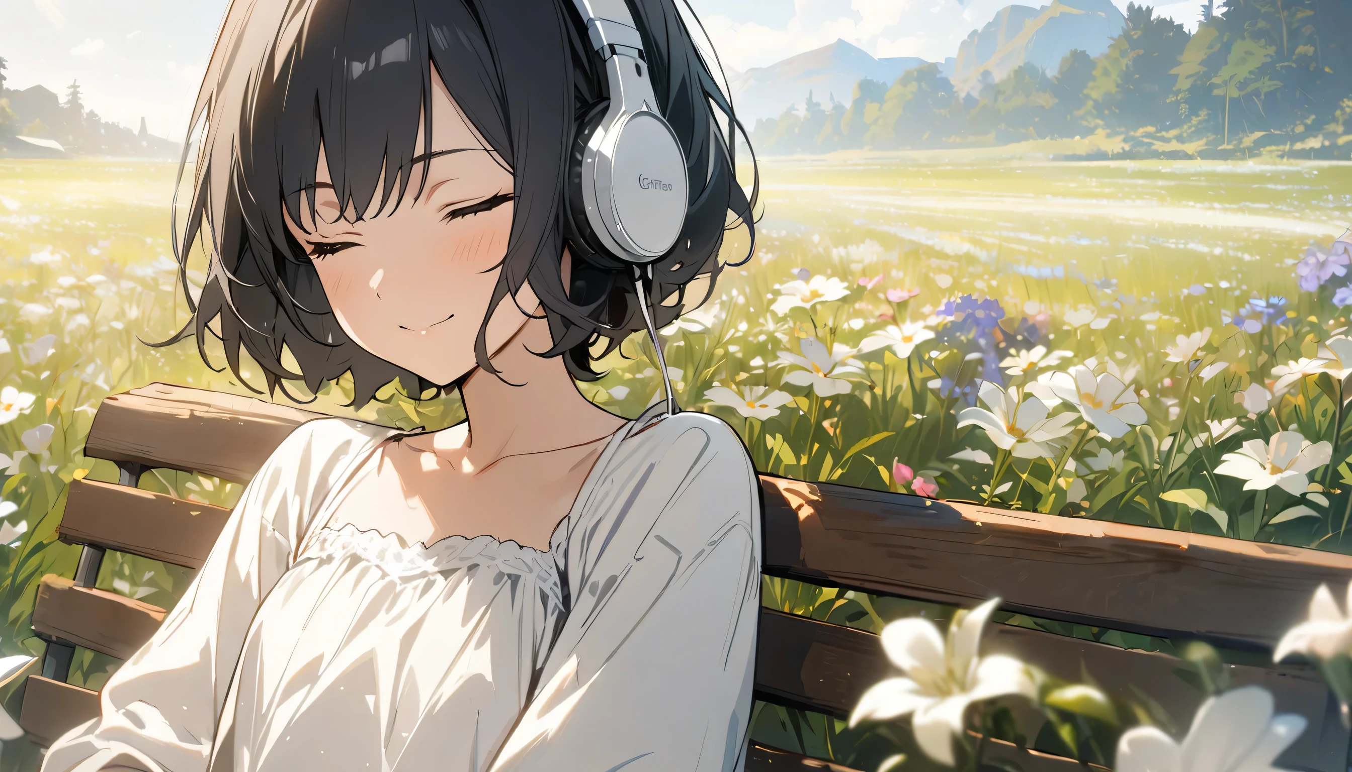 1girl, solo, gentle smile on her face flat chest, short hair, black hair, upper body, ((masterpiece, illustration, best quality)) ((best quality)), ((masterpiece)), (detailed), perfect face, sitting on a bench on a field full of beautiful flowers, listening to music, One woman, wearing headphones, eyes closed, wearing a white dress