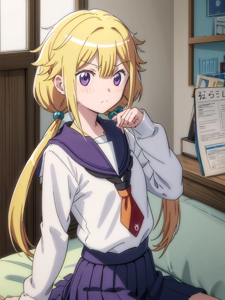 best quality, masterpiece, highres, solo, {mitsuki_felicia_puellamagimadokamagicasidestorymagiarecord:1.15}, blonde_hair, purple_eyes, long_hair, twintails, blush, bangs, horns, closed_mouth, hair_bobbles, hair_ornament, sailor_collar, school_uniform, serafuku, shirt, white_shirt, 1girl, blue_sailor_collar, dot_nose, frown, low_twintails, hair_between_eyes, looking_at_viewer, upper_body, indoors, sidelocks, v-shaped_eyebrows