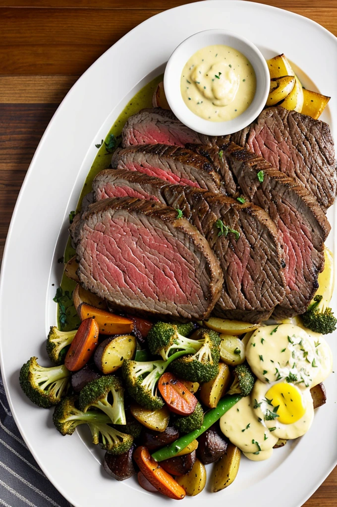 Chateaubriand Steak A thick cut of tenderloin steak, typically served for two, often accompanied by béarnaise sauce, roasted vegetables, and pommes fondant.