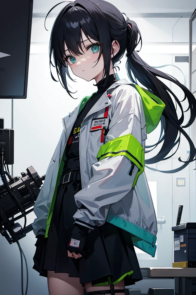 Fluorescent green very short ponytail , black eye, severe dark circles , droopy eyes , hospital patient clothes, Timid , dependent , heartless , night background , dark , Hikikomori , genderless , masculine , boy , man , Man , Overhead retro bike goggles , man 캐릭터