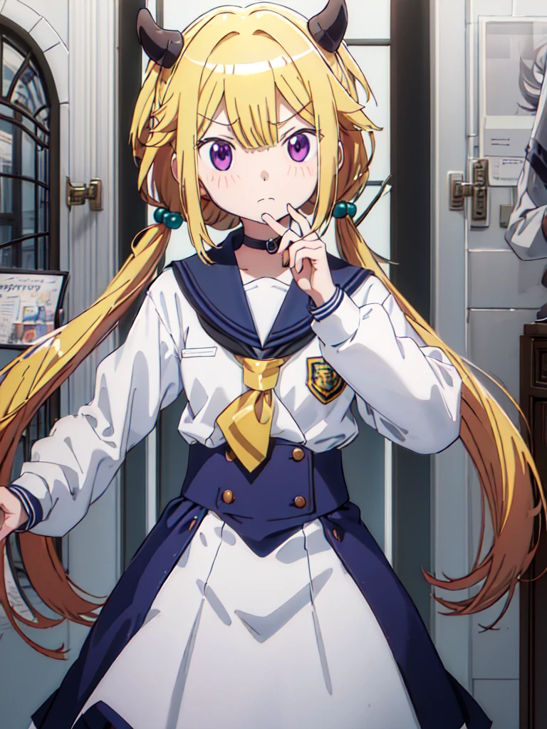 best quality, masterpiece, highres, solo, {mitsuki_felicia_puellamagimadokamagicasidestorymagiarecord:1.15}, blonde_hair, purple_eyes, long_hair, twintails, blush, bangs, horns, closed_mouth, hair_bobbles, hair_ornament, sailor_collar, school_uniform, serafuku, shirt, white_shirt, 1girl, blue_sailor_collar, dot_nose, frown, low_twintails, hair_between_eyes, looking_at_viewer, upper_body, indoors, sidelocks, v-shaped_eyebrows