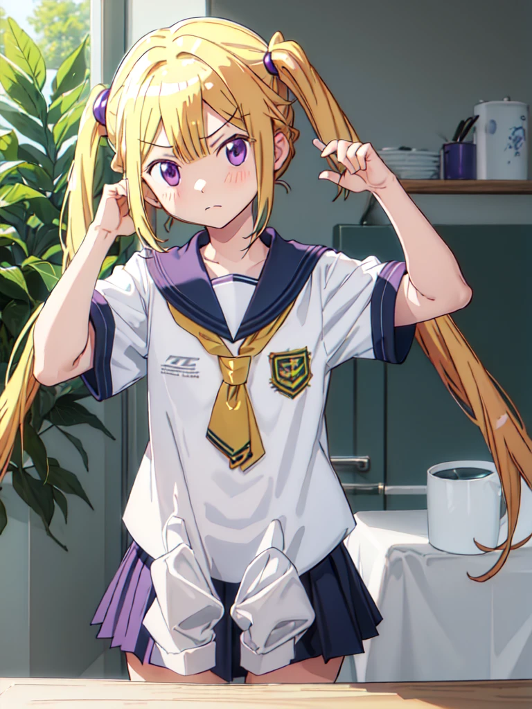 best quality, masterpiece, highres, solo, {mitsuki_felicia_puellamagimadokamagicasidestorymagiarecord:1.15}, blonde_hair, purple_eyes, long_hair, twintails, blush, bangs, horns, closed_mouth, hair_bobbles, hair_ornament, sailor_collar, school_uniform, serafuku, shirt, white_shirt, 1girl, blue_sailor_collar, dot_nose, frown, low_twintails, hair_between_eyes, looking_at_viewer, upper_body, indoors, sidelocks, v-shaped_eyebrows