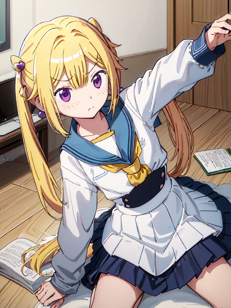 best quality, masterpiece, highres, solo, {mitsuki_felicia_puellamagimadokamagicasidestorymagiarecord:1.15}, blonde_hair, purple_eyes, long_hair, twintails, blush, bangs, horns, closed_mouth, hair_bobbles, hair_ornament, sailor_collar, school_uniform, serafuku, shirt, white_shirt, 1girl, blue_sailor_collar, dot_nose, frown, low_twintails, hair_between_eyes, looking_at_viewer, upper_body, indoors, sidelocks, v-shaped_eyebrows