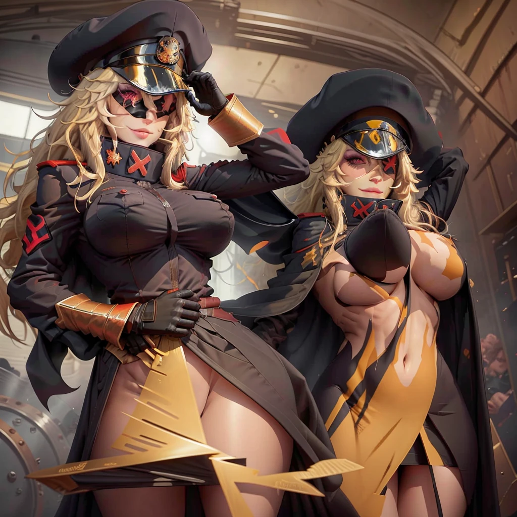 1girl, blonde_hair, black uniform, cape, eyepatch, gloves, hat, large_breasts, pwembg, salute, solo, black armband,, beautiful, (masterpiece:1.2), (best quality:1.2), perfect eyes, perfect face,