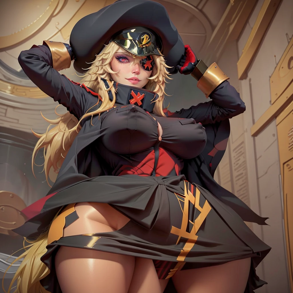 1girl, blonde_hair, black uniform, cape, eyepatch, gloves, hat, large_breasts, pwembg, salute, solo, black armband,, beautiful, (masterpiece:1.2), (best quality:1.2), perfect eyes, perfect face,