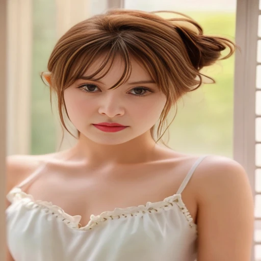 Close-up of a woman in a white dress looking at the camera, Cute girl - clear face, Thai girl anime, Cute young man with a sweet Asian face, The face of a beautiful Japanese girl, Yoshitomo Nara, beautiful korean girl, beautiful south korean women, With a cute-detailed face, beautiful korean girl, Beautiful Asian face Southeast Asian Araffe woman with round face, Warm light, morning sun,  long hair,black eyes,abdominal muscles, The body is beautiful and strong., The chest is rounded and rounded., (digital painting, HDR, high contrast), 3-D, 8K, 45,000,000 pixcels, jaw-dropping beauty, , Masterpiece, best quality:1.2),,(8K,height,raw image,realistic,photo-realistic:1.3),(Fine texture,Fine fabric,Beautifully detailed face:1.25),professional lighting,Photon mapping,beautiful soft light,Radiation,Physical rendering,Ray tracing, Modeling style, Modeling style, (วอลล์เปเปอร์ CG unity 8K ที่มีรายละเอียดมาก), Full-length photos of the most beautiful works of art in the world