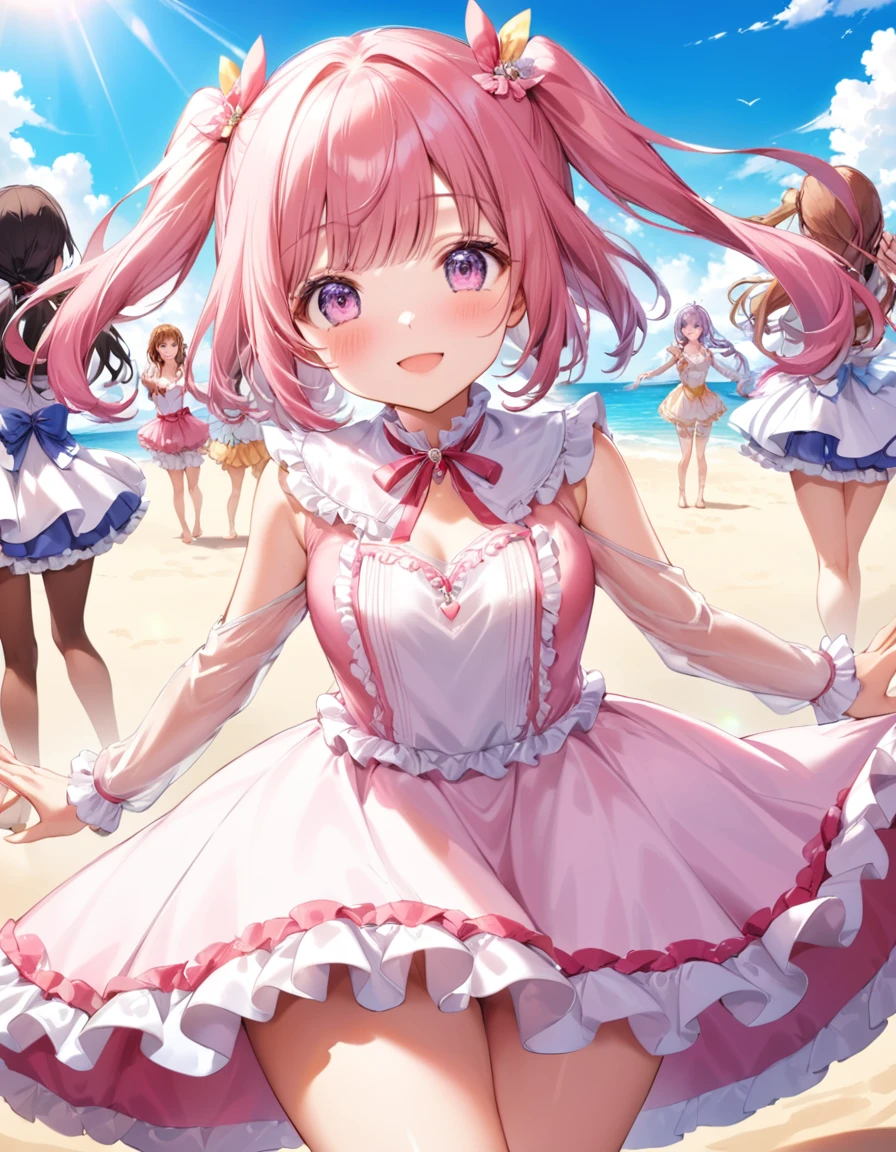 dynamic angle, (close up face), best quality, masterpiece, extremely cute and tender girl, cute pose, sweet smile, (petite), beautiful tender eyes symmetrical, (beautiful and detailed face), beautiful long twintail hair, (pastel pink hair:1.3), blunt bangs, nice hands, perfect hands, (pink:1.2 sweet cake-inspired motif frilly dress), a lot of frills, frilly long sleeves, pink lace cloak, Summer Frilly Audition, In the midst of the summer heat enveloping the beach, colorful frilly costumes sway on stage. The participants are dancing their hearts out to showcase their talents. Their smiles shine as bright as the sun.