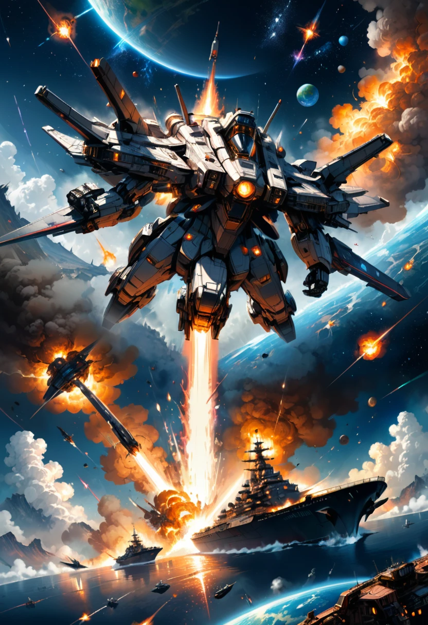 (Space War), sci-fi style, two massive interstellar fleets fiercely engage in a firefight on the planet's orbit, with laser beams and explosions piercing through the dark space. The exploding flames reflect the details of the battleship's steel shell, with a background of starry sky and planets, (panoramic view), award-winning, cinematic still, emotional, vignette, dynamic, vivid, (masterpiece, best quality, Professional, perfect composition, very aesthetic, absurdres, ultra-detailed, intricate details:1.3)