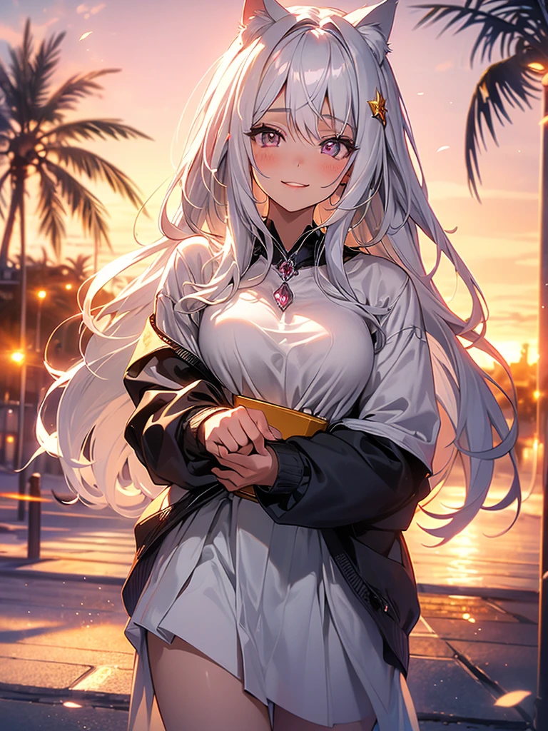 a highly detailed portrait of a pretty girl with medium breasts, a beautiful silver hair, pink eyes, and cat ears, smiling against a sunset beach landscape with an orange, pink, and yellow sky, palm trees swaying, seagulls flying, and a crystal clear sea gently kissing the white sand shore, creating a dynamic and breathtaking yet peaceful atmosphere,beautiful detailed eyes,beautiful detailed lips,extremely detailed eyes and face,longeyelashes,1girl,oil painting,illustration,photography,intricate details,vibrant colors,warm lighting,cinematic,dramatic,serene,calming