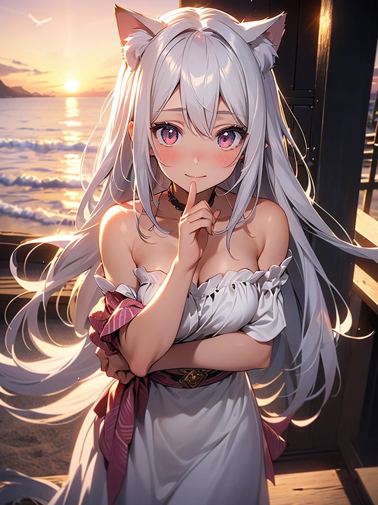a highly detailed portrait of a pretty girl with medium breasts, a beautiful silver hair, pink eyes, and cat ears, smiling against a sunset beach landscape with an orange, pink, and yellow sky, palm trees swaying, seagulls flying, and a crystal clear sea gently kissing the white sand shore, creating a dynamic and breathtaking yet peaceful atmosphere,beautiful detailed eyes,beautiful detailed lips,extremely detailed eyes and face,longeyelashes,1girl,oil painting,illustration,photography,intricate details,vibrant colors,warm lighting,cinematic,dramatic,serene,calming