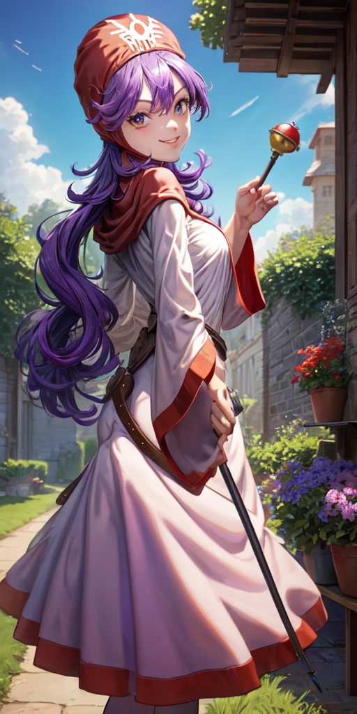 masterpiece, best quality, dqPom, red hood, purple hair, robe, cowboy shot, standing, holding staff, sky, garden, looking at viewer, from below, smile