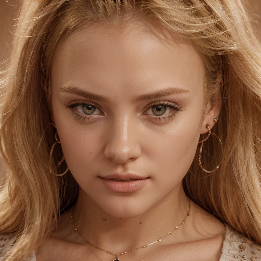 Create super high resolution 3d close-up image of a blonde Bella. 24 years old. Long blonde hair. Wears an earrings, necklece. Hyper realistic. Ultra detailed. Sharp focus. The image is rendered in animated art style, ensuring a visually stunning presentation in 8K resolution. Colorful background.