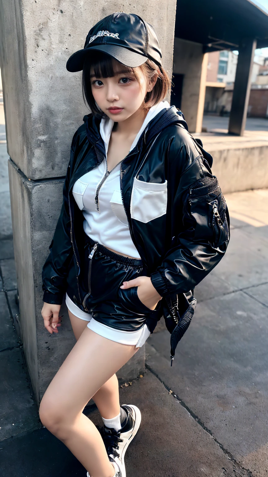 (8K, RAW Photos, Highest quality, masterpiece:1.2), (professional photography, full colors, studio-caliber color grading), (Gravure quality for high-end fashion magazines), close up, BREAK,18 year old girl, (short bob hair:1.1), crying a little, Harajuku style, Big Natural Color Lip, (Plumpy body:1.2), (smooth skin:1.1 (huge breasts:1.1 BREAK detailed cloth texture, break, (A tight polo shirt that expresses the roundness and softness of your chest.:1.2), (tight skirt:1.1), (black apron:1.2), BREAK (black and White theme:1.4), (oversized and baggy black outerwear:1.3), (fusion of black windbreaker and White hoodie:1.4), (black Nylon:1.4), ((zipper, large pocket):1.3), BREAK (black and white :1.2 (black platform high-cut sneakers:1.2),(Black leather short pants),(baseball cap), Inorganic concrete studio with windows, highly detailed background, , ultra-realistic textures, dramatic lighting ,raw photo, _(dutch angle and curtsey ,on side:1.2 looking at viewer,