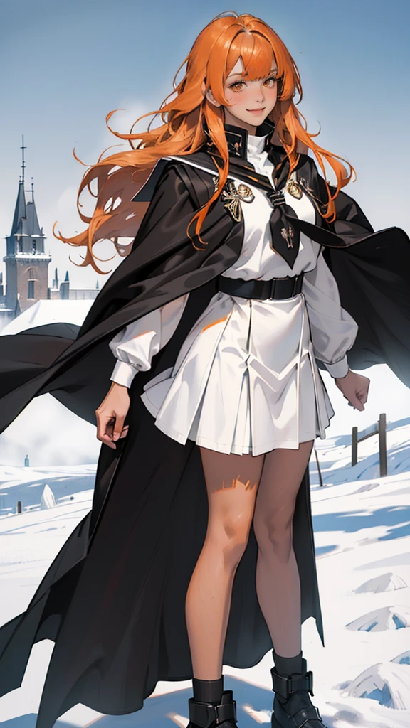 (girl), masterpiece, ultra detailed, 8K Portrait, Raw photo, woman's portrait photography, full body, Highly detailed face, mischievous childish smile, blush, ((Fantasy)), ((young)), 17 years old, 160cm, (((student))), ((tanned skin)), (((dark orange colored long straight hair))), (((blunt bangs))), hair ornament, (((black silk long cloak))) Fluttering in the wind, (high school dark white uniform:1.5), Plaid short skirt, Midday sun, Hyper realistic, Slender body, by the snowy castle, Ambient lighting, Shadow details, Camera focus on face, strong breeze, Light fog, from side,