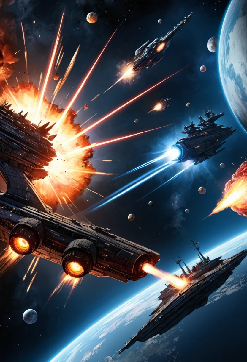 (Space War), sci-fi style, two massive interstellar fleets fiercely engage in a firefight on the planet's orbit, with laser beams and explosions piercing through the dark space. The exploding flames reflect the details of the battleship's steel shell, with a background of starry sky and planets, (panoramic view), award-winning, cinematic still, emotional, vignette, dynamic, vivid, (masterpiece, best quality, Professional, perfect composition, very aesthetic, absurdres, ultra-detailed, intricate details:1.3)