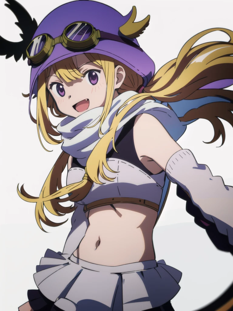 solo, 1girl, looking at viewer, sketch, flat colors, 2D, anime, anime coloring, upper body, (solid white background:1.3), felicia mitsuki, magical girl, helmet, goggles on helmet, scarf, detached sleeves, midriff, smile, :d, fang