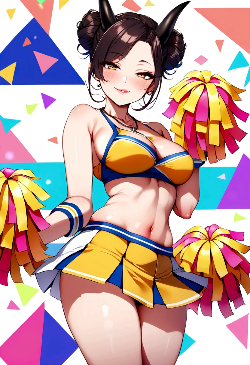 Sexy cheerleader, seductive smile, c cup , with black small demon horns, bun hairstyle, wearing necklace, 