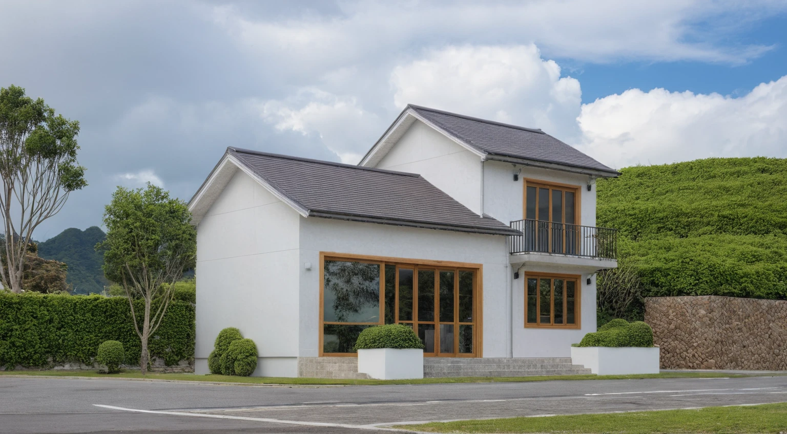 Masterpiece, high quality, best quality, authentic, super detail, outdoors, onestoreyvillaXL, aiai, aiaigroup, wall stone, house style modern on the street ,stairs, white wall ,road,pavement, grass, trees, sky, cloud, (daylight:1.1)
