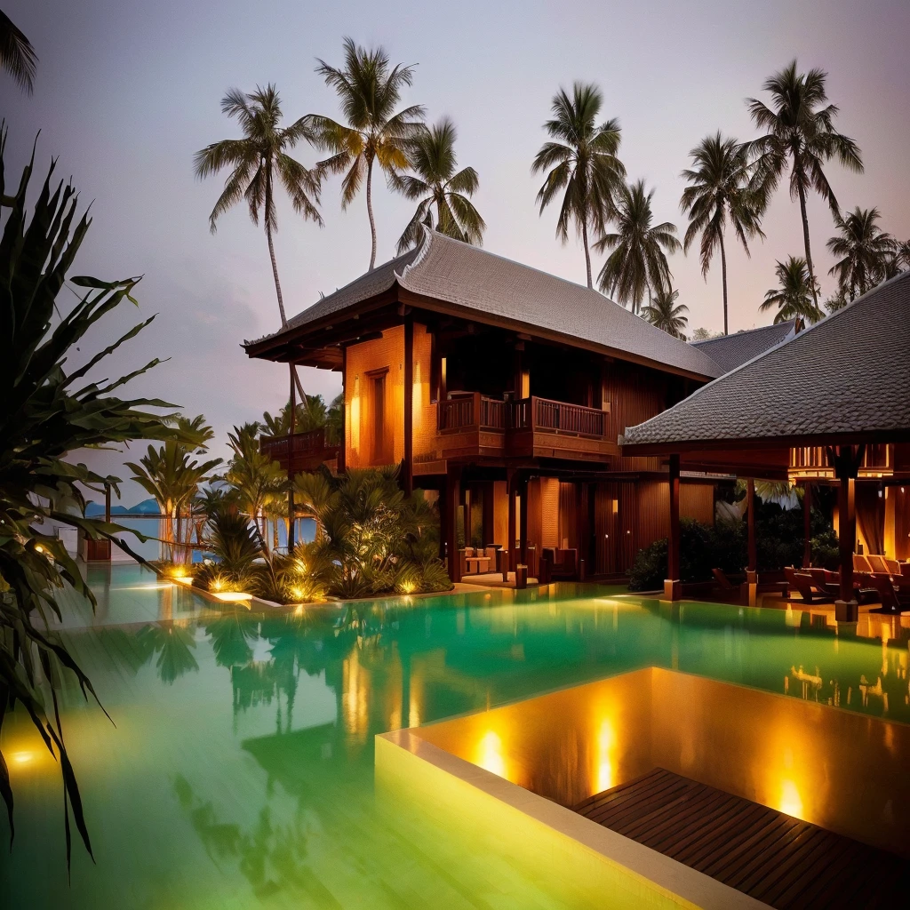 there is a large swimming pool in front of a house with palm trees, resort, vibrant scenery, clean and immaculate design, next to a tropical pool, also very detailed, night setting, Thailand, very elegant & complex, epic and stunning, 5 7 9, tropical location, extremely detailed and coherent, really detailed, with palm trees in the back, breathtaking look, wonderful masterpiece