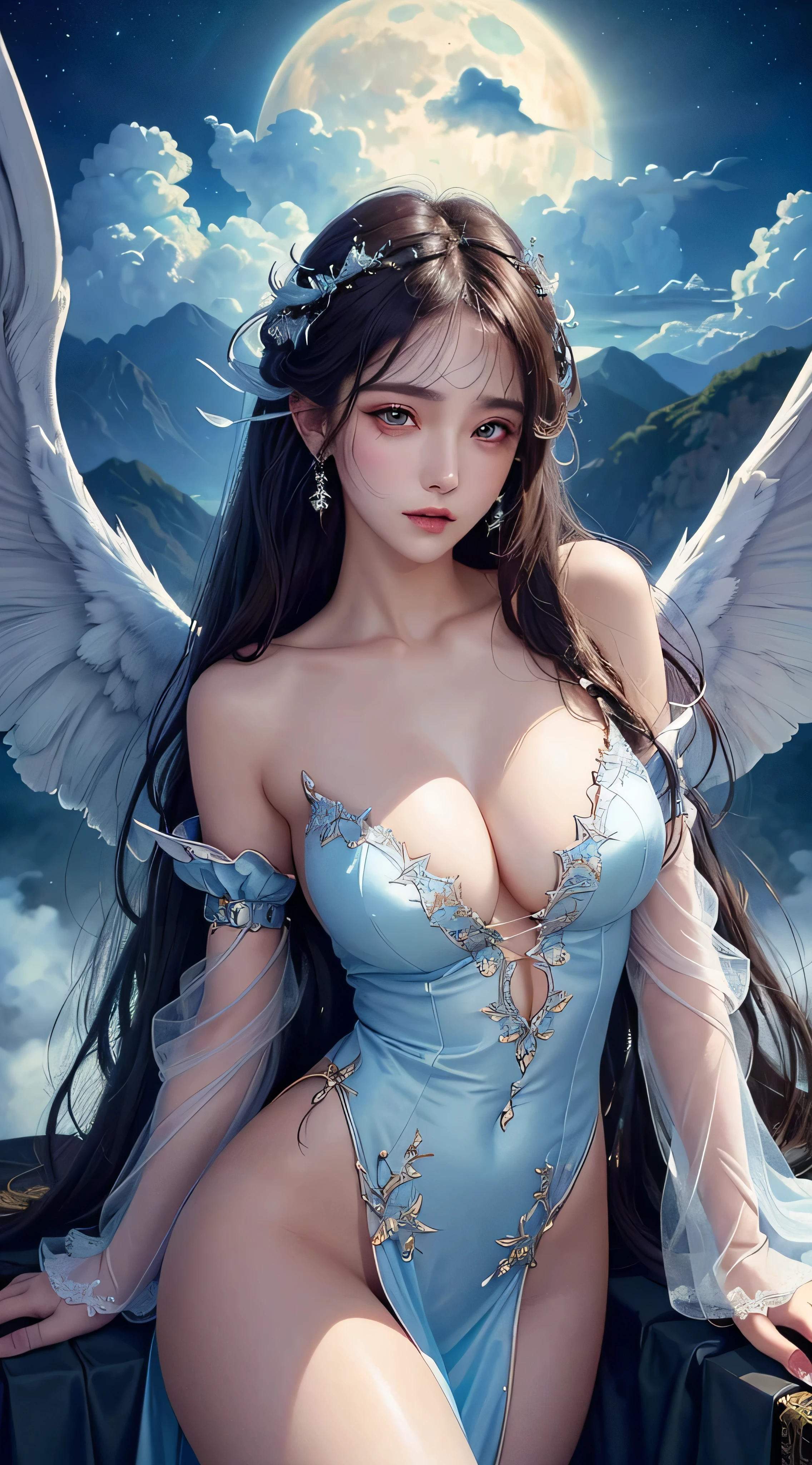 ((Need)), ((tmasterpiece)), (A detailed), Enchanting succubus, Ethereal beauty, Perched in clouds, (fantasy illustrations:1.3), Seductive gaze, captivating posture, delicate wings, otherworldly charm, Mysterious Sky, (Luis Royo:1.2), (Yoshitaka Amano:1.1), Moon Night, pastelcolor, (Detailed cloud view:1.3), (A high resolution:1.2),Close-up shot,Close-up shot,Black eyes,Detailed beautiful eyes,angelicales,White wings,Dark skin, big breast