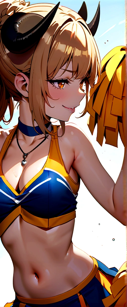 ram invader, white panties、detailed breasts, anime dick, (Tiger print miniskirt cheerleader: 1.2), （脚上げでwhite panties見えてる:1.4）,muste piece, white panties、best quality, open mouth, tooth, ultra-detailed breasts, Yellow eyes,White shorts、 cute eyes, detailed face, a cute girl, big chest, red face, (wet with water: 1.2), Generally poor breasts, areola slip, (Position where panties are visible:1.5), (beautiful breasts: 1.2), (with a bright light source: 1.2), (heart shaped pupils opening their clothes: 1.5)