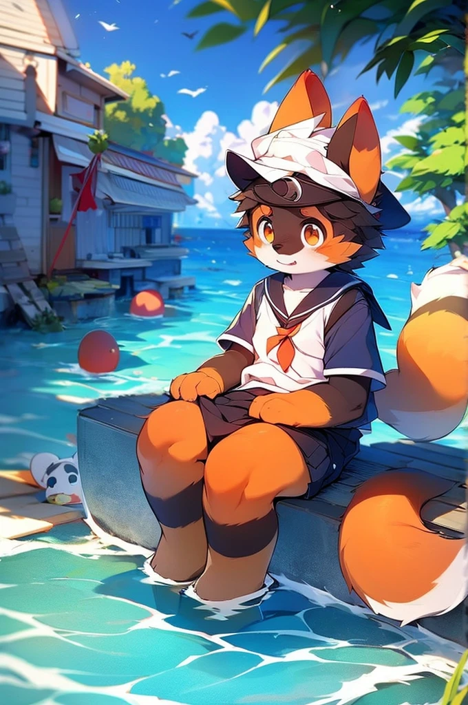 Male Red Panda，Ocean，Appearing in a sailor uniform！One person estrus period，sit，