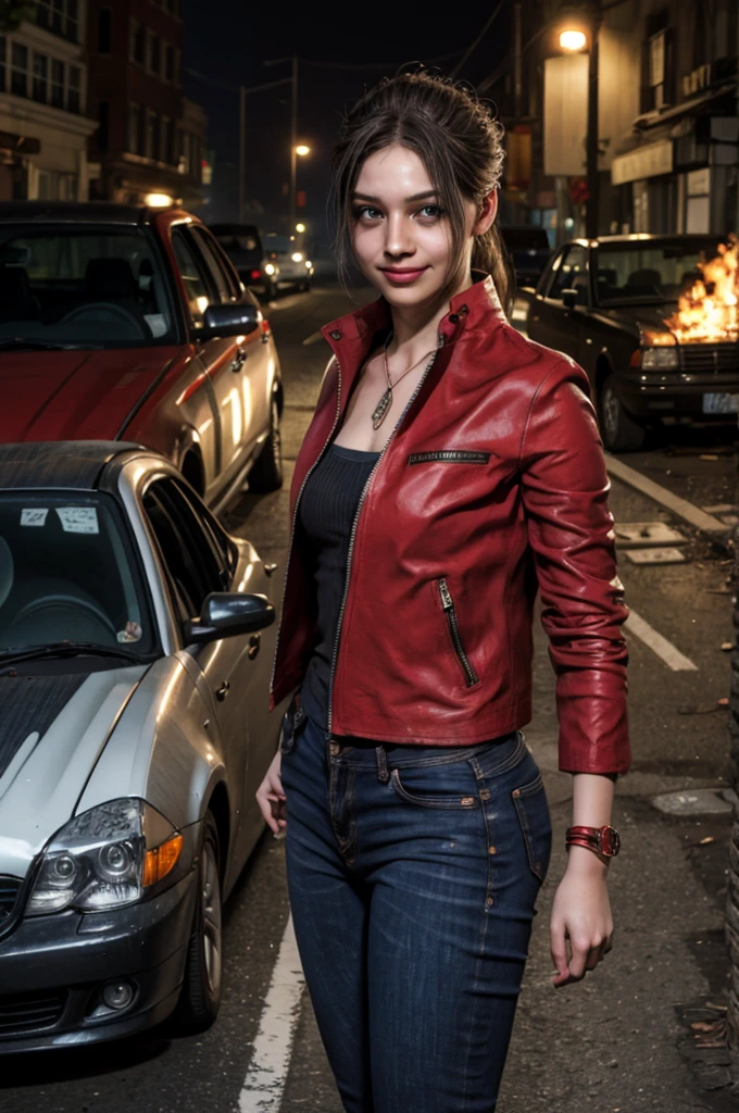 1girl, (realistic),(hyperrealism),(best quality),(masterpiece),(ultra high res),(photorealistic),idol,eye makeup,detailed eyes,detailed face,black dress, claireredfield2, brown hair, (red jacket:1.2), ponytail, (denim pants:1.3),, red wristband,, abandoned street, burning cars in background, littered street, smoke, chaos, zombie apocalypse, daytime, sunny,, flirting, looking at viewer, smiling, closeup shot