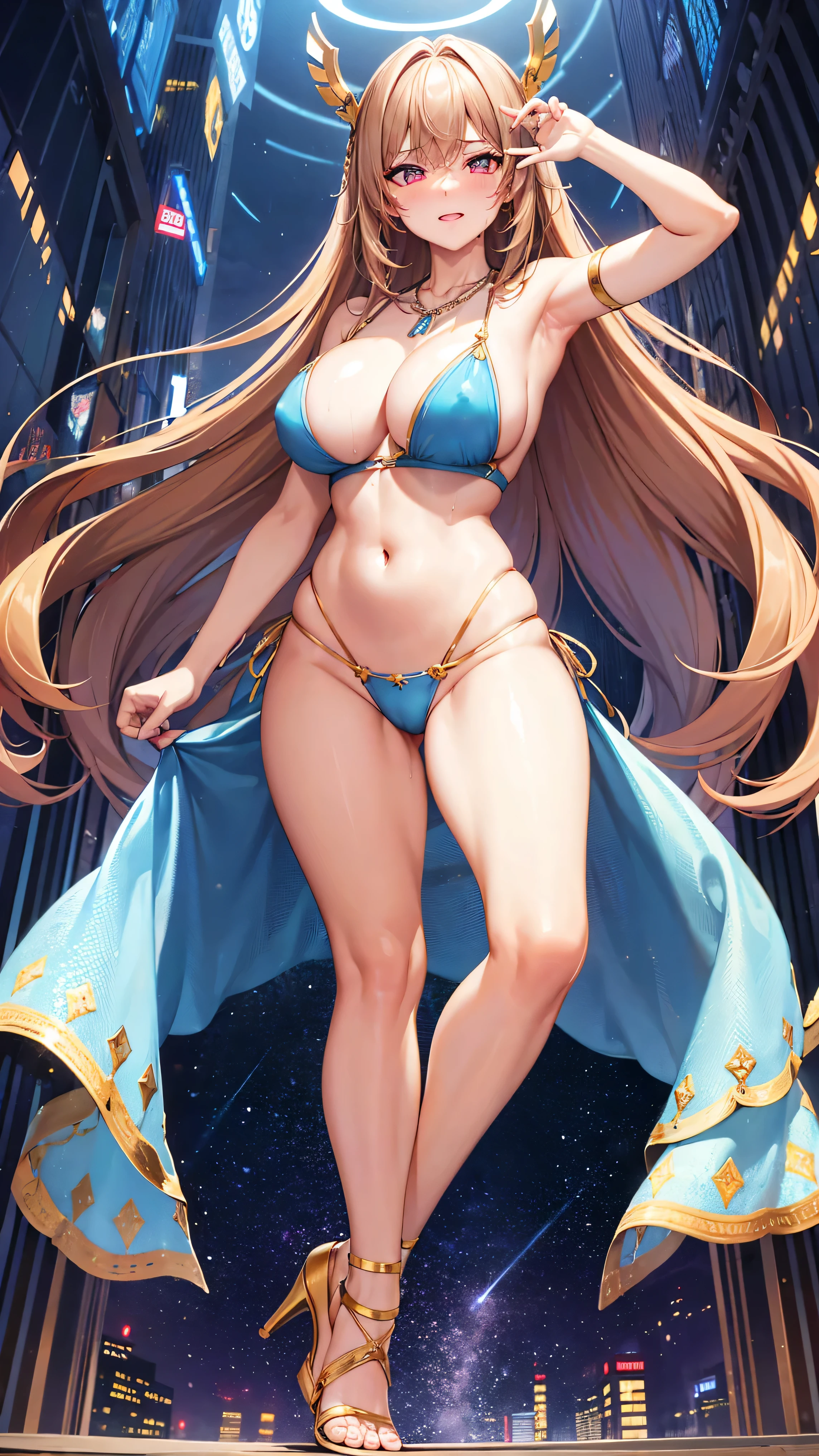 game , Nikke, the goddess of victory, Neat , Light brown hair, Captivating eyes ,beautiful face , Crystal Red Eye , Long Hair , Cleavage, Underarm, necklace, Light blue bikini,G-cup breasts, Narrow waist, Captivating thighs, 5 fingers on each hand, both hands ,2 basics , city, date, beautiful, High heels, cloudy, it's raining, Fall into the pool, Floating on water, Soaked clothes, See-through shirt , hard nipples, Water dripping on the body, puff, Blushing, seductive pose , sweating ,