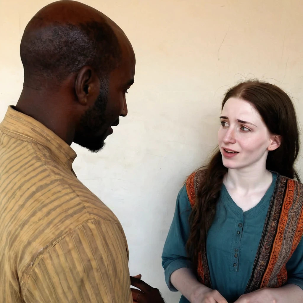 Hija Pale skin kurdish woman talking with a African black man in house realistic