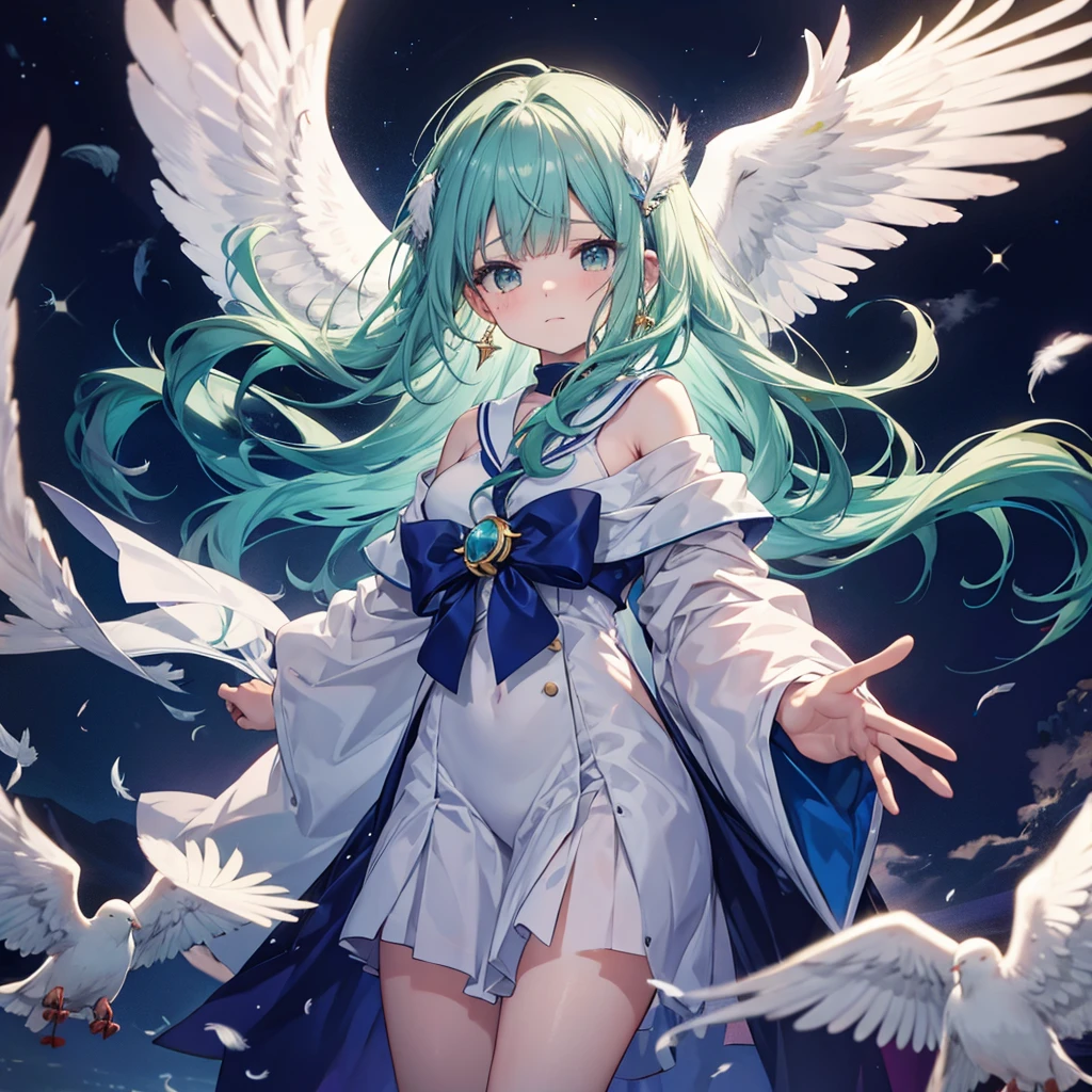 ((fluffy feathers　Crying face　Shining Tears　suffering))，((White Dove　Big full moon))，(End of the Galaxy　shooting star　Drop shoulder　Sailor suit　Shiny Earrings　Green Hair　Long Hair)，　Have　Sleep on your back　look up　Reaching out