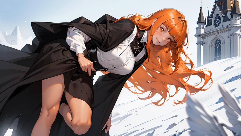 (girl), masterpiece, ultra detailed, 8K Portrait, Raw photo, woman's portrait photography, full body, Highly detailed face, mischievous childish smile, blush, ((Fantasy)), ((young)), 17 years old, 160cm, (((student))), ((tanned skin)), (((dark orange colored long straight hair))), (((blunt bangs))), hair ornament, (((black silk long cloak))) Fluttering in the wind, (high school dark white uniform:1.5), Plaid short skirt, Midday sun, Hyper realistic, Slender body, by the snowy castle, Ambient lighting, Shadow details, Camera focus on face, strong breeze, Light fog, from side,