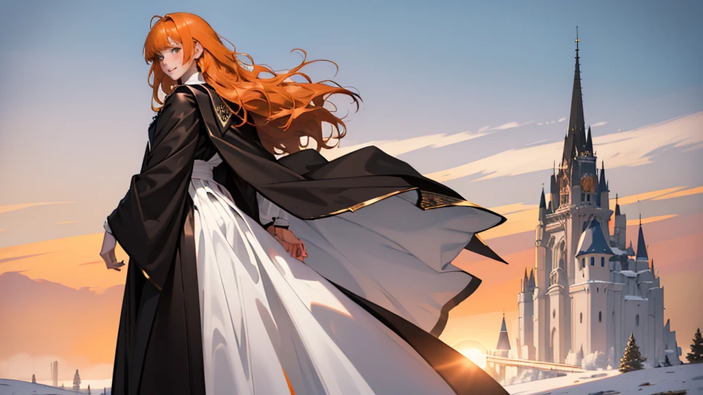 (girl), masterpiece, ultra detailed, 8K Portrait, Raw photo, woman's portrait photography, full body, Highly detailed face, mischievous childish smile, blush, ((Fantasy)), ((young)), , 160cm, (((student))), ((tanned skin)), (((dark orange colored long straight hair))), (((blunt bangs))), hair ornament, (((black silk long cloak))) Fluttering in the wind, (high school dark white uniform:1.5), Plaid short skirt, Midday sun, Hyper realistic, Slender body, by the snowy castle, Ambient lighting, Shadow details, Camera focus on face, strong breeze, Light fog, from side,