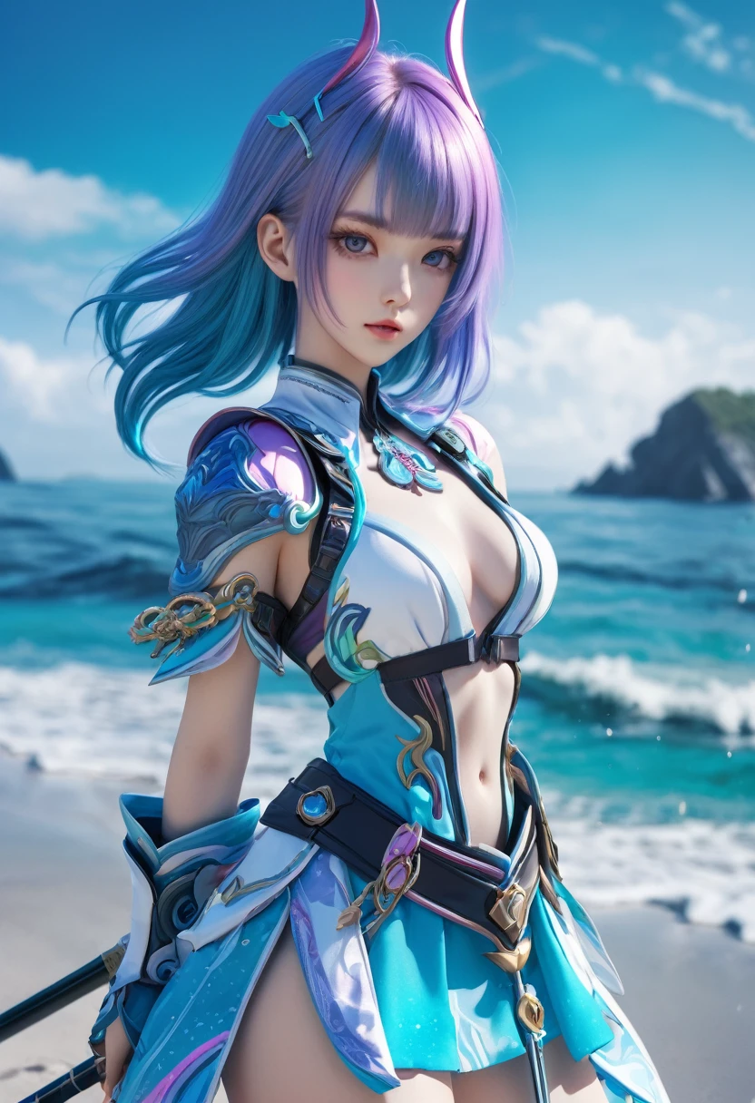 8K、Very detailed、Wearing seapunk fashion、Stand leaning on a sword、Seaside、Female Android、Medium chest