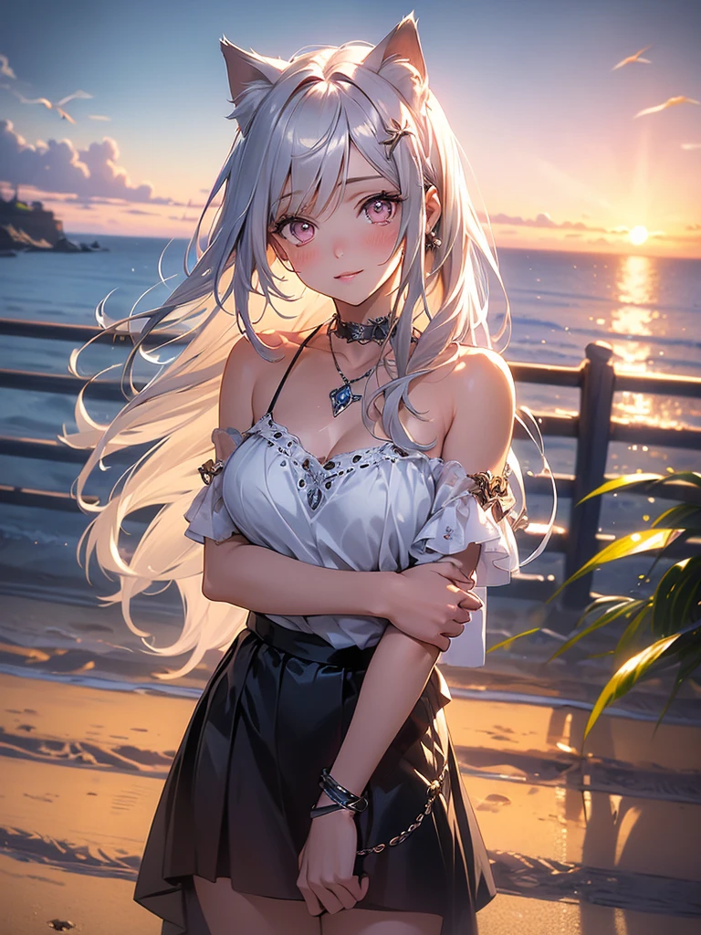 a highly detailed portrait of a pretty girl with medium breasts, a beautiful silver hair, pink eyes, and cat ears, smiling against a sunset beach landscape with an orange, pink, and yellow sky, palm trees swaying, seagulls flying, and a crystal clear sea gently kissing the white sand shore, creating a dynamic and breathtaking yet peaceful atmosphere,beautiful detailed eyes,beautiful detailed lips,extremely detailed eyes and face,longeyelashes,1girl,oil painting,illustration,photography,intricate details,vibrant colors,warm lighting,cinematic,dramatic,serene,calming