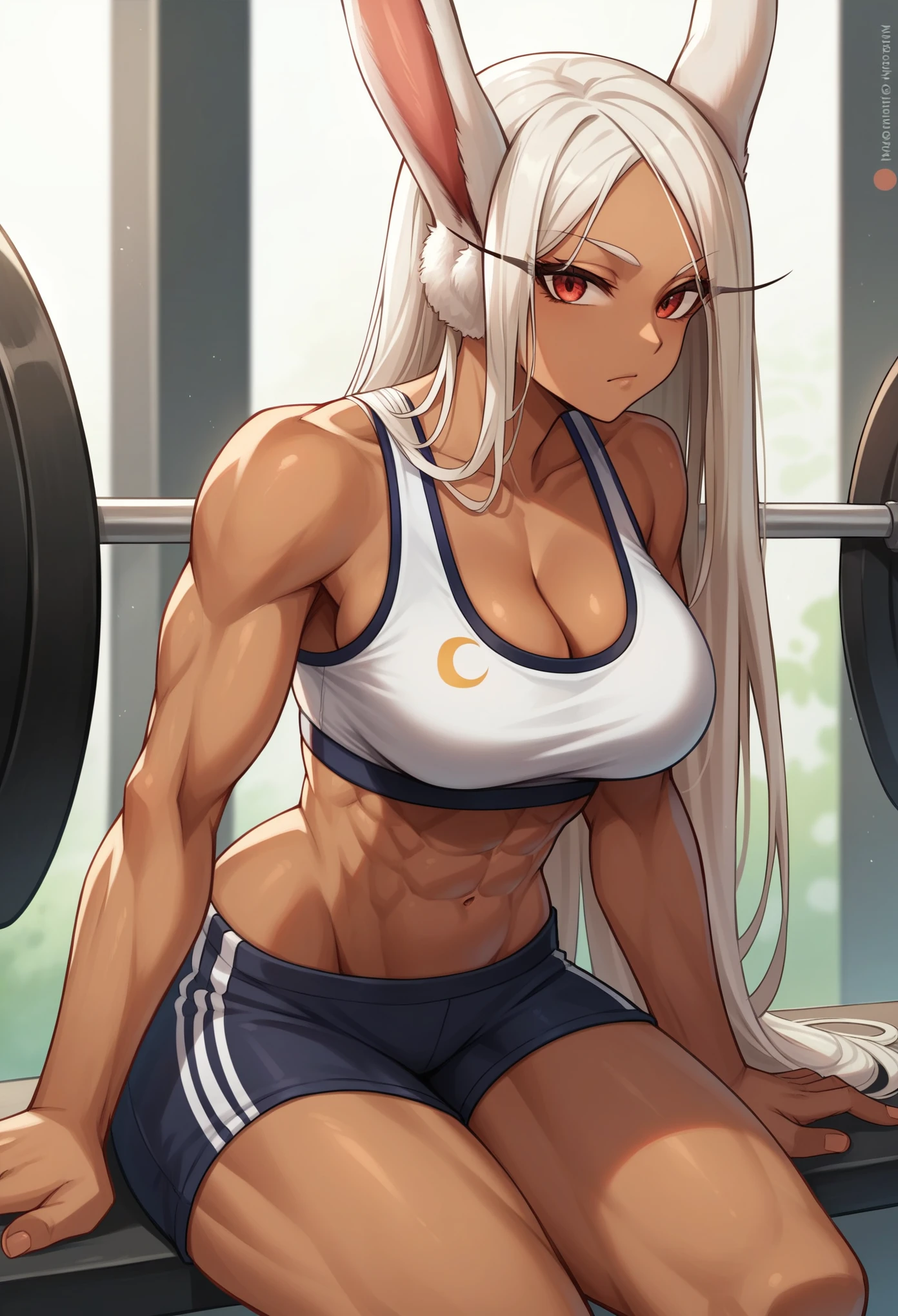 Kittew style, 1girl, breasts, animal_ears, mirko, rabbit_ears, dark-skinned_female, dark_skin, long_hair, solo, white_hair, red_eyes, rabbit_girl, cleavage, large_breasts, navel, looking_at_viewer, sports_bra, toned, shorts, thighs, long_eyelashes, parted_bangs, bangs, sportswear, midriff, black_shorts, leaning_on_object, black_sports_bra, leaning_forward, abs, arm_rest, very_long_hair, underwear, closed_mouth