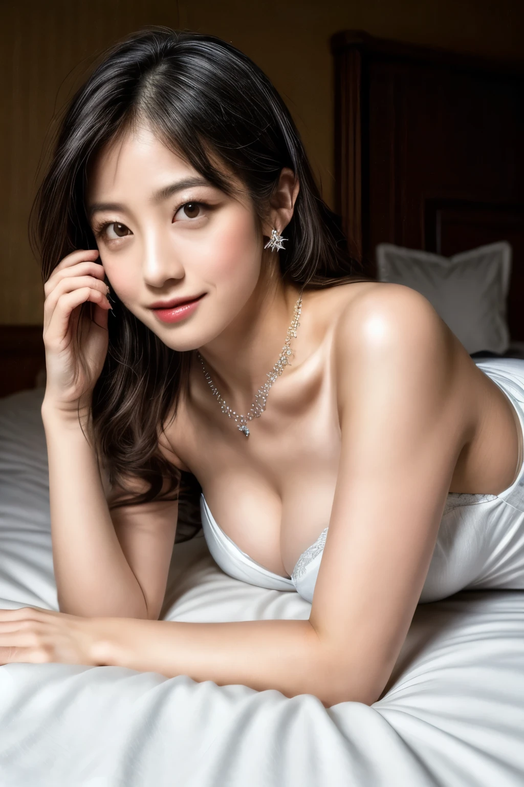 (realistic,photo-realistic:1.4), (best quality, masterpiece:1.2), RAW photo, high resolution, intricate details, extremely detailed, realistic and sharp details, cinematic lighting, full body,
solo, 1girl, a 25 years old Japanese beautiful female idol, (lying down on the bed, head on a pillow:1.5), (seductive clothes, seductive pose), dark hair, medium hair, detailed face, detailed eyes, most beautiful girl, gorgeous girl, insanely beautiful, stunning body, slim body, pale skin, fair skin, sweaty, blush, grinning, missionary vaginal, pov, very soft, bright,
(full body, whole body from far away), looking at viewer, lower angle view, hotel background,
perfect breasts, large breasts, G-cup bust size, perfect legs,
sexy, alluring, orgasm, cute, feminine,
expensive necklace, van cleef & arpels, cartier earrings, expensive earrings,