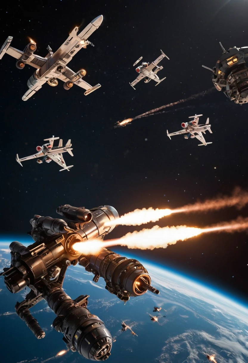 (Space War), sci-fi style, two massive interstellar fleets fiercely engage in a firefight on the planet's orbit, with laser beams and explosions piercing through the dark space. The exploding flames reflect the details of the battleship's steel shell, with a background of starry sky and planets, (panoramic view), award-winning, cinematic still, emotional, vignette, dynamic, vivid, (masterpiece, best quality, Professional, perfect composition, very aesthetic, absurdres, ultra-detailed, intricate details:1.3)