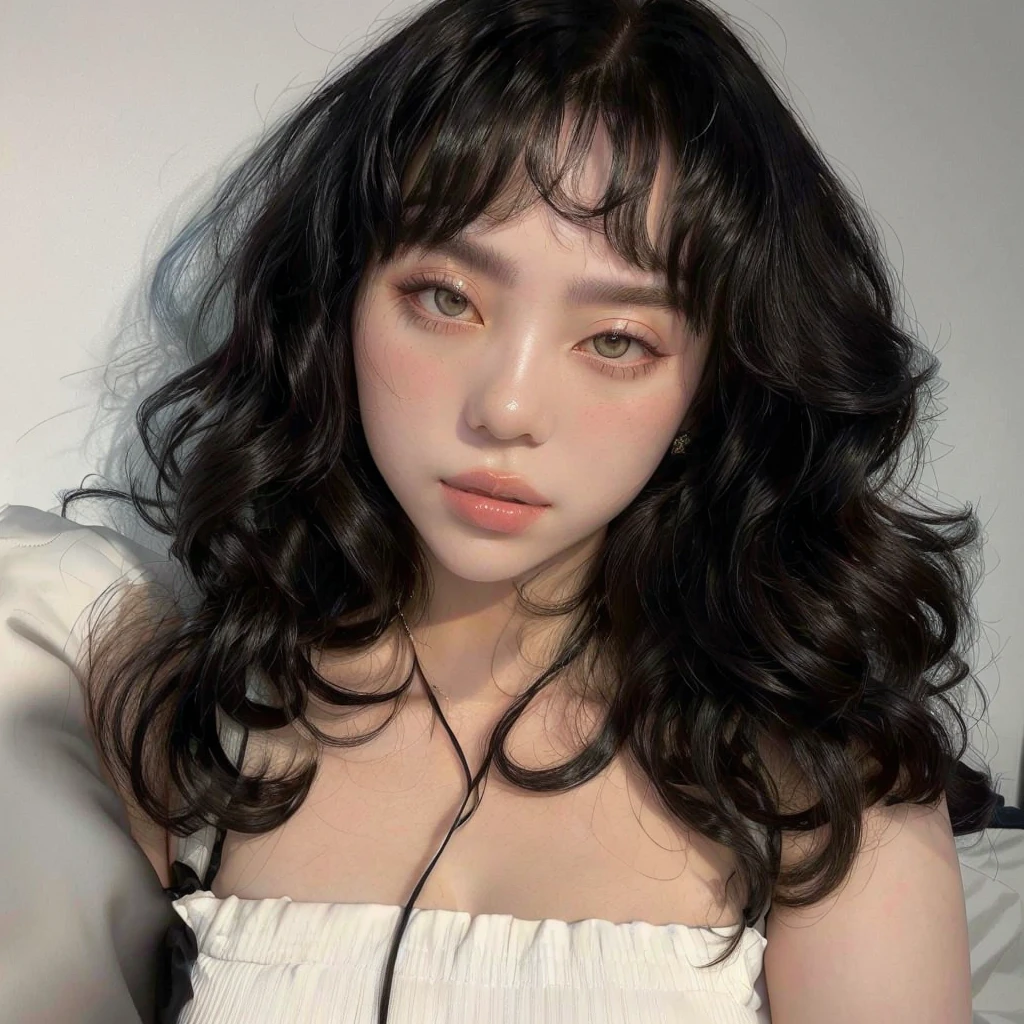 araffed asian woman with long black hair and a white top, curly bangs, curly bangs and ponytail, sultry look, sexy face with full makeup, with professional makeup, with long curly hair, curly middle part haircut, the hime cut, headshot profile picture, curtain bangs, wavy shoulder-length hair, bangs and wavy hair, wavy hair spread out