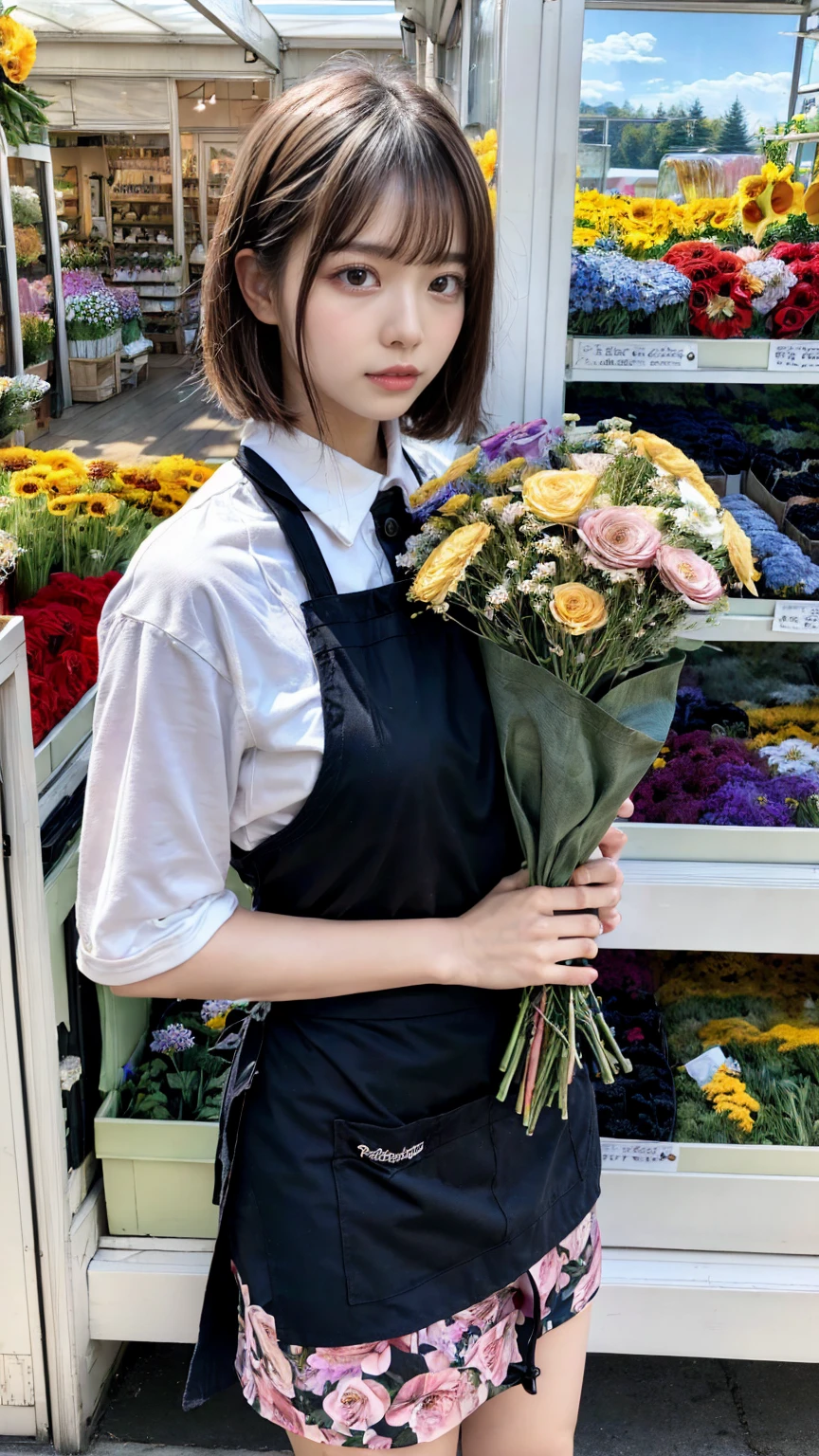 (8K, RAW Photos, Highest quality, masterpiece:1.2), (professional photography, full colors, studio-caliber color grading), (Gravure quality for high-end fashion magazines), close up, BREAK,18 year old girl, (short bob hair:1.1), crying a little, Harajuku style, Big Natural Color Lip, (Plumpy body:1.2 (smooth skin:1.1 (huge breasts:1.1 BREAK detailed cloth texture, break, (A tight polo shirt that expresses the roundness and softness of your chest.:1.2 (tight skirt:1.1 (black apron:1.2 BREAK (beautiful scenery), ((behind flower shop:1.2)), standing, ((hold a big bouquet:1.2)), (parted lips),