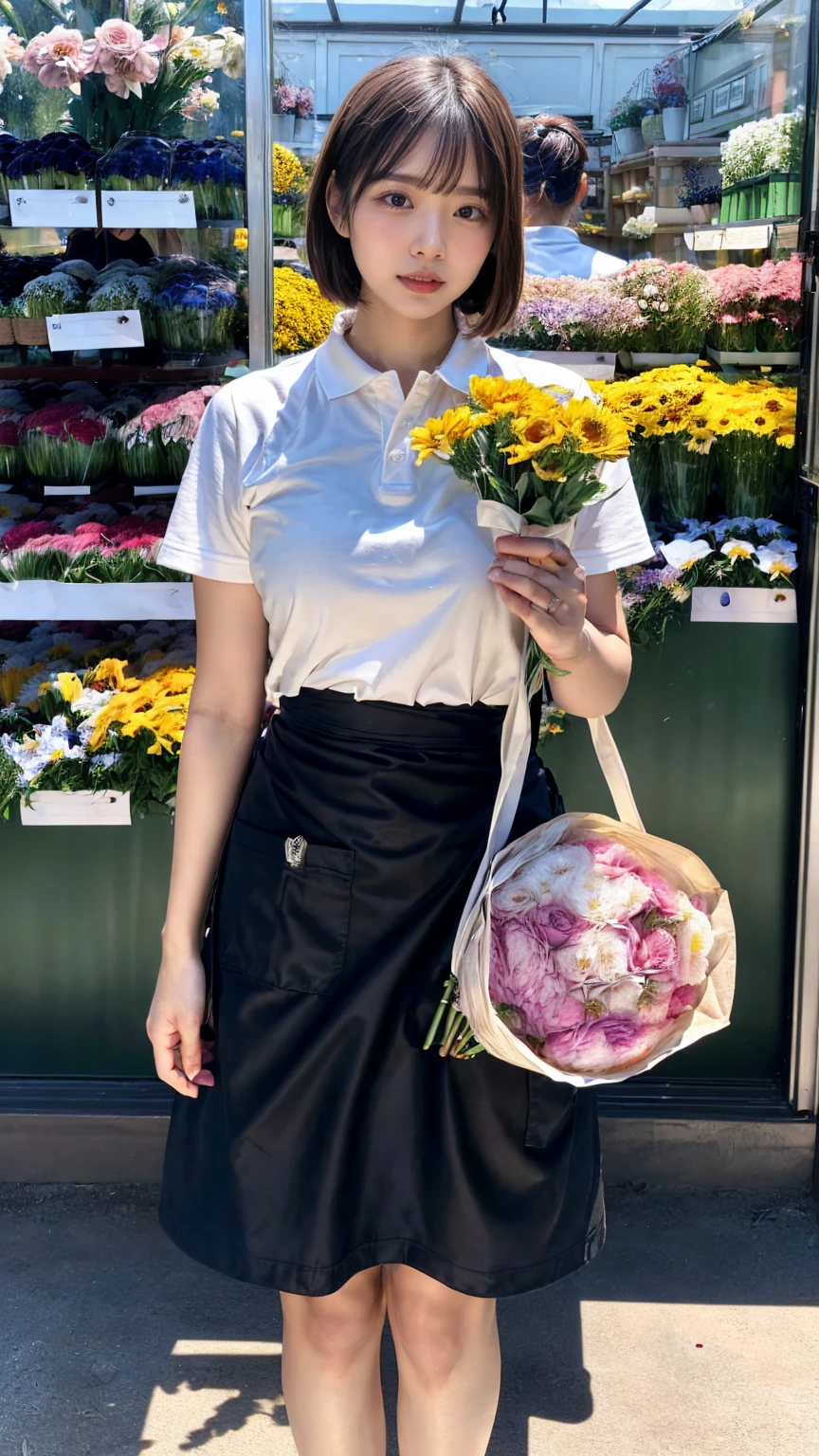 (8K, RAW Photos, Highest quality, masterpiece:1.2), (professional photography, full colors, studio-caliber color grading), (Gravure quality for high-end fashion magazines), close up, BREAK,18 year old girl, (short bob hair:1.1), crying a little, Harajuku style, Big Natural Color Lip, (Plumpy body:1.2 (smooth skin:1.1 (huge breasts:1.1 BREAK detailed cloth texture, break, (A tight polo shirt that expresses the roundness and softness of your chest.:1.2 (tight skirt:1.1 (black apron:1.2 BREAK (beautiful scenery), ((behind flower shop:1.2)), standing, ((hold a big bouquet:1.2)), (parted lips),