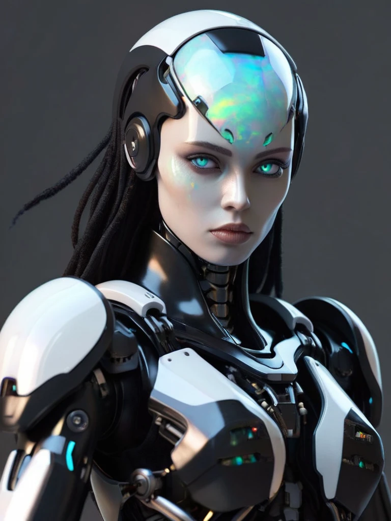 ral-opal, meahophontron, whole body, Woman robot face, war theme, looking to the camera, body armor war, black armor color, black demon, with futuristic gun.
