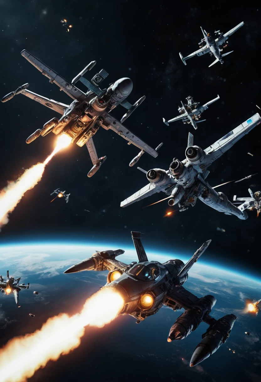 (Space War), sci-fi style, two massive interstellar fleets fiercely engage in a firefight on the planet's orbit, with laser beams and explosions piercing through the dark space. The exploding flames reflect the details of the battleship's steel shell, with a background of starry sky and planets, (panoramic view), award-winning, cinematic still, emotional, vignette, dynamic, vivid, (masterpiece, best quality, Professional, perfect composition, very aesthetic, absurdres, ultra-detailed, intricate details:1.3)