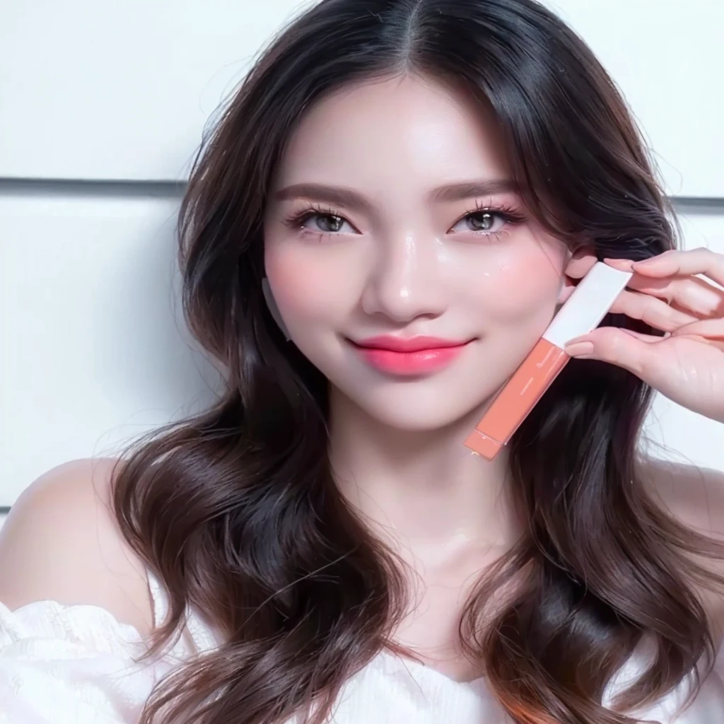 woman holding a lip bale in front of her face, lipgloss, inspired by Tang Di, from 8 k matte, putting on lipgloss, coral lipstick, 🤬 🤮 💕 🎀, eora, (light orange mist), 8k)), 😭 🤮 💕 🎀, kano), 8 k ), cool and bright tint, glowing peach face
