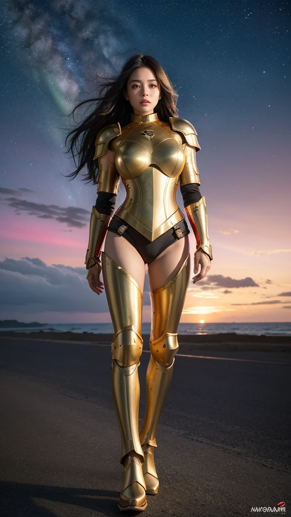 (best quality)), ((masterpiece)), (ultra detailed), ((full body shot)), indonesian girl, extremely beautiful, ultra face details, 20 years old, green curvy-hair, ((hair blown by strong winds :1.3)), Award-winning photograph, photography of a teen girl, slim face, extremely beautiful, ultra details armor, ultra details skin, sharp armor texture, crisp picture, ((full make ups)), ((pink blushing)), ((red lips)), ((wearing tight steel-armor)), ((full body armor)), ((tight latex panty)), ((thighs armor)), ((slim body shape)), (((24k-gold) and black armor)), no head cover, ((symmetrical body pose)), model posing in the middle, backlights, night at beach, full of stars, red clouds, nebula, ((aurora Borealis)), shooting stars, from below