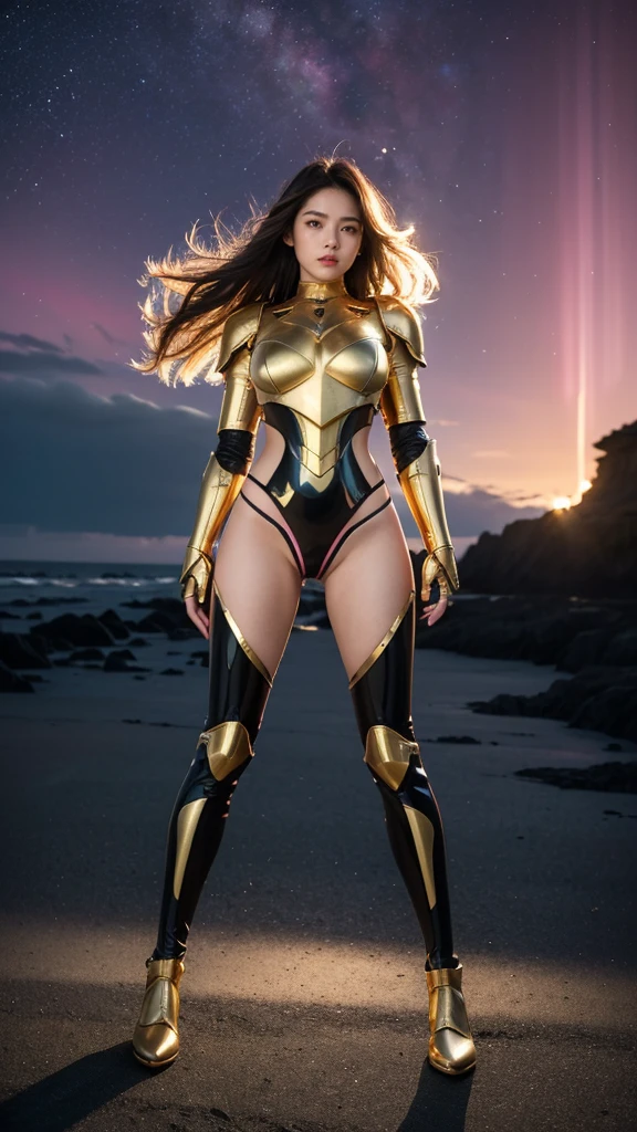 ((best quality)), ((masterpiece)), (ultra detailed lights), ((full body shot)), indonesian girl, extremely beautiful, ((slim body)), thighs gap, ultra face details, 20 years old, ((pink curvy-hair)), ((hair blown by strong winds :1.3)), Award-winning photograph, ((symmetrical pose)), goddess in ((full body golden black armor)) are in the middle of battlefield, posing in the middle, ((thight golden armour)), ((extremely details armor)), ((tight latex panties)), ((24k-gold armor)), ((edge luminous armor)), epic lights reflections, at beach, full of stars, orange clouds, nebula sky, epic aurora borealis in the background, shooting stars, ((from below))