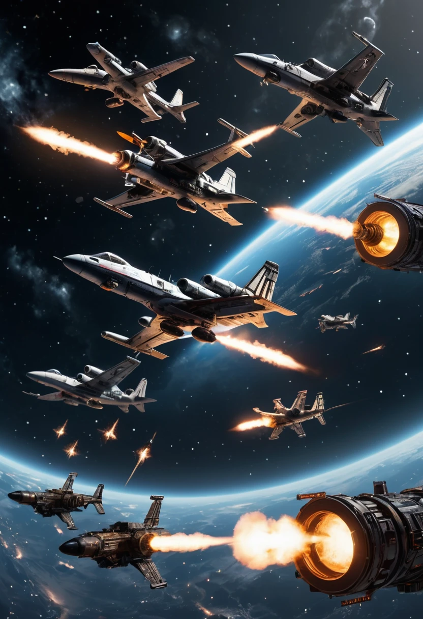 (Space War), sci-fi style, two massive interstellar fleets fiercely engage in a firefight on the planet's orbit, with laser beams and explosions piercing through the dark space. The exploding flames reflect the details of the battleship's steel shell, with a background of starry sky and planets, (panoramic view), award-winning, cinematic still, emotional, vignette, dynamic, vivid, (masterpiece, best quality, Professional, perfect composition, very aesthetic, absurdres, ultra-detailed, intricate details:1.3)