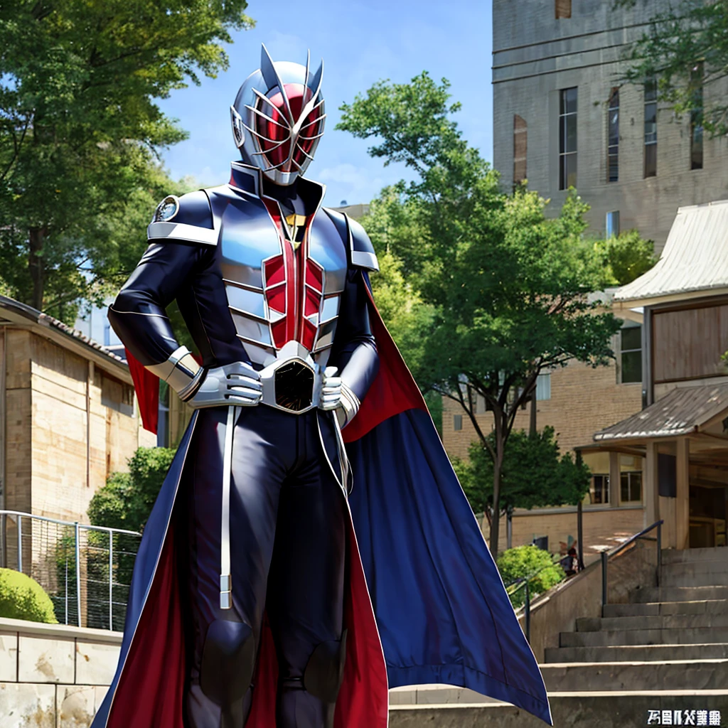 Masked Rider Wizard, One man, Muscle Body、(masterpiece), (Highest quality), (masterpiece:1.2, Highest quality), (Realistic, photoRealistic:1.4), ((Super detailed)), (Highly detailed CG illustrations), ((Very delicate and beautiful)),Cinematic Light, (Character Focus), sf, 16:Drawing to match widescreen image size 9、 Beautiful illustrations, (Natural Side Lighting, Cinema Lighting), ring、White head、Stocky build、Stretch your hands out to the side、explosion、Beautiful standing posture、Cape、