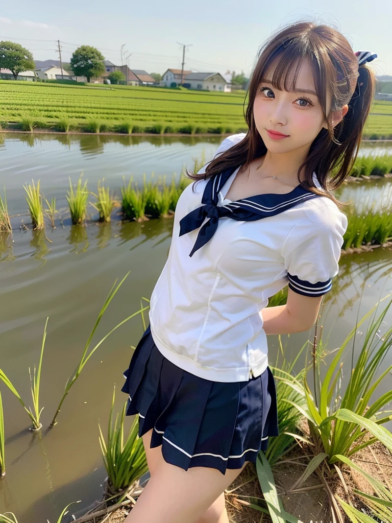 ((Best of the highest quality, 8k, Masterpiece, raw photo: 1.2)), (Sharp focus: 1.2), (1 AESPA, slim body type female, 21 y/o: 1.1), (solo: 1.28), (realistic, photo-realistic:1.37), face focus, cute face, finely eyes, (droopy eyes: 1.32), (Emphasize prominent aegyo-sal with bright: 1.2), shimmering eyeshadow applied under the lower lash line, paired with thick, (small breasts, flat chest, Thigh: 1.3), (short messy hair, updo: 1.28), (school sailor uniform, ribbon: 1.32), walking river, (rice field, paddy field: 1.1), flower, (from behind: 1.16)