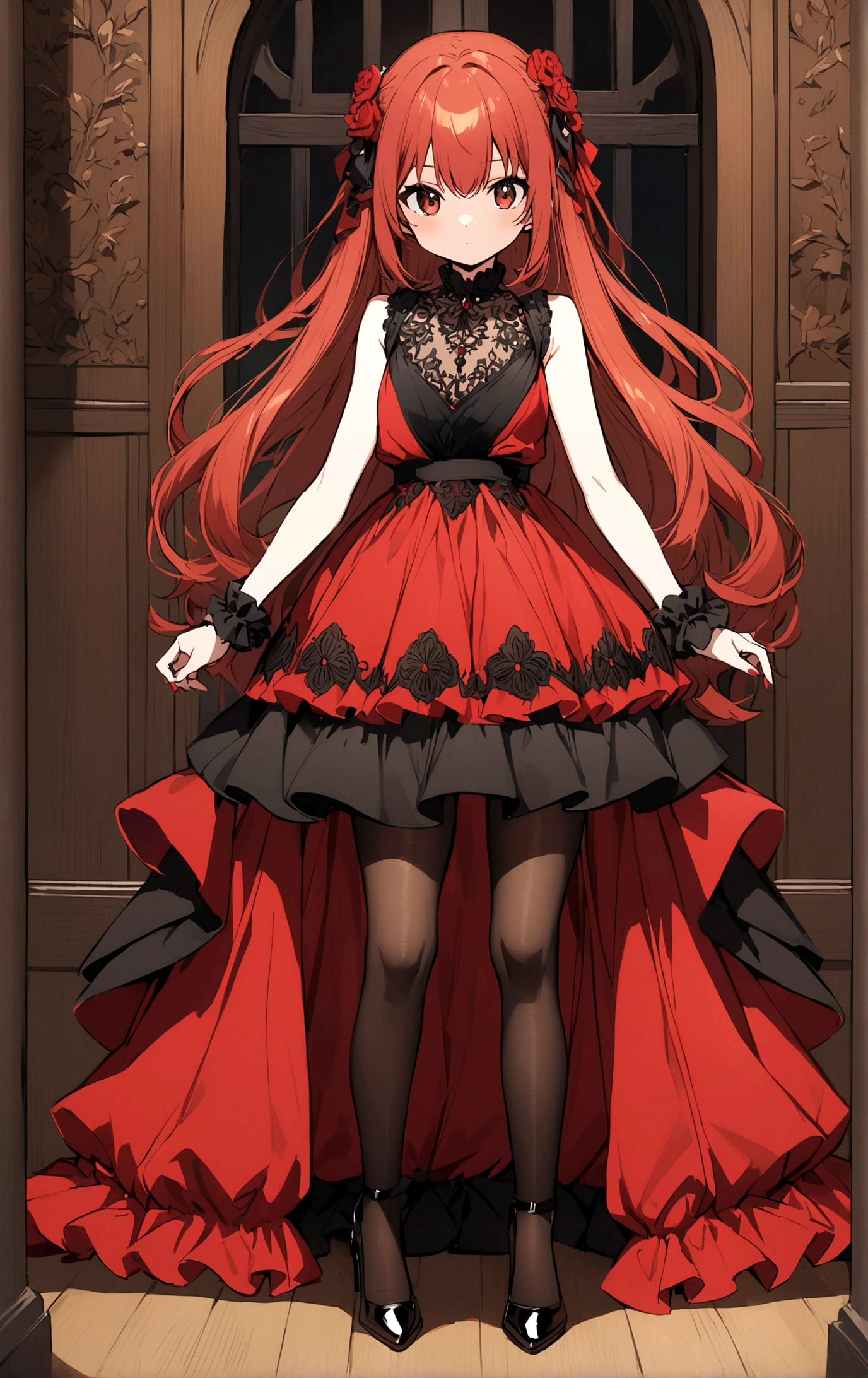 Anime, girl, long hair, wear red blus, black skirt, black long stocking/pantyhose, and black strappy high heel